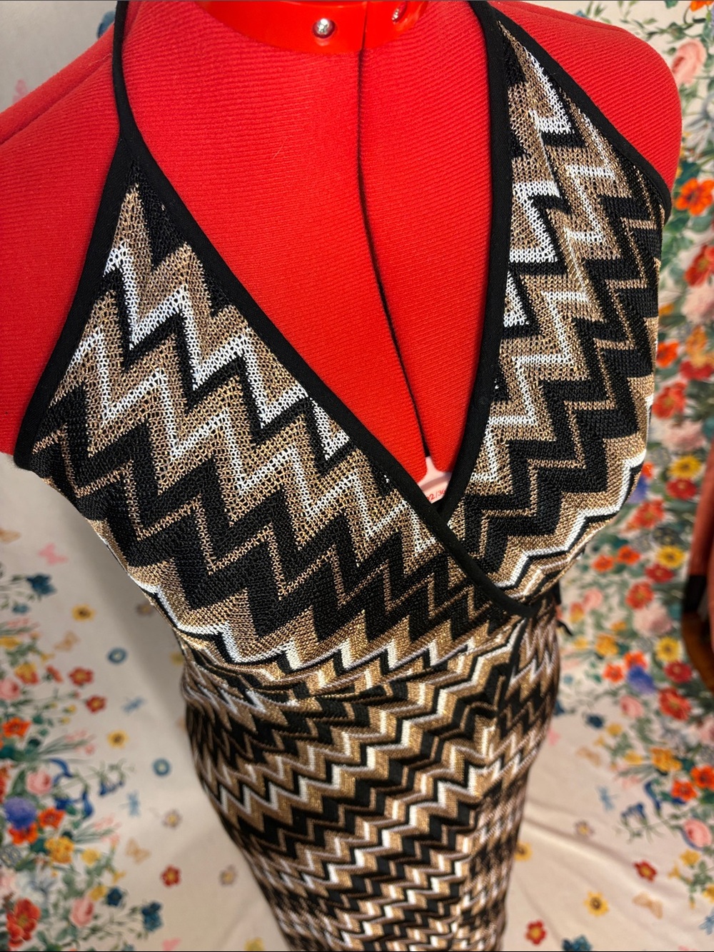 Karina Grimaldi - Black and Tan Chevron Halter Maxi Dress Chic